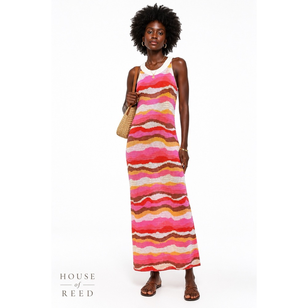 NWT LOFT Multicolor Crochet Knit Maxi Dress Pink Orange Sleeveless M
